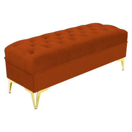 Noptiere - Bancheta tapitata catifea caramiziu cu picioare aurii, 120*30*55 cm