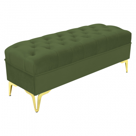 Noptiere - Bancheta tapitata catifea kaki cu picioare aurii, 120*30*55 cm