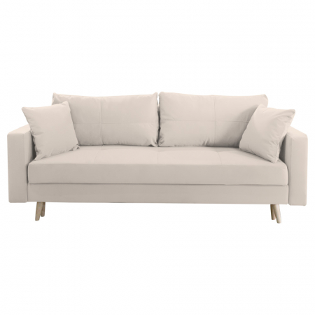 Canapele - Canapea extensibila Sofia, cu lada de depozitare si picioare de lemn, catifea v08 crem, 220x90x80