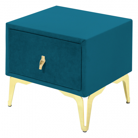 Noptiere - Noptiera tapitata turcoaz, cu picioare aurii, 40cm*45cm*36cm, Mobila JAKY
