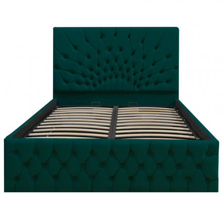 Paturi Chesterfield - Pat dublu tapitat Carolina, 140/200 cm, verde cu nasturi tapitati, cu somiera metalica rabatabila si spatiu de depozitare