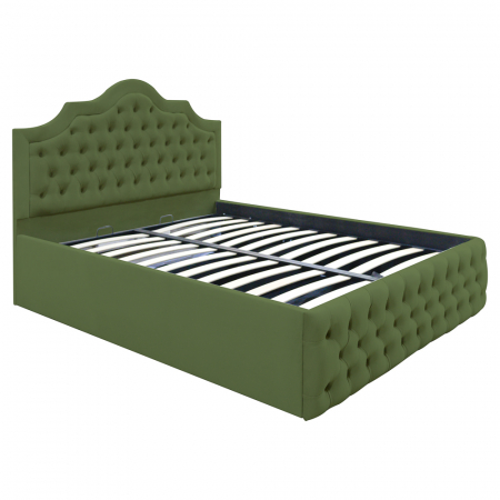 Magazin - Pat dublu tapitat Colorado cu nasturi tapitati, 140/200 cm, culoare kaki, cu somiera metalica rabatabila si spatiu de depozitare