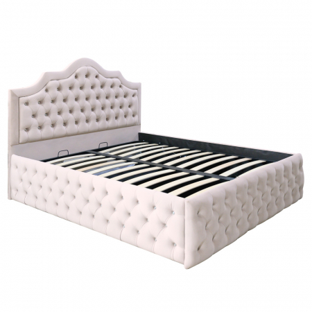 Magazin - Pat dublu tapitat Colorado Deluxe cu nasturi sticla, 140/200 cm, culoare crem, cu somiera metalica rabatabila si spatiu de depozitare