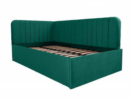 Paturi copiii - Pat tapitat pe colt DISNEY LINE dreapta 120/200, verde, cu somiera metalica rabatabila si spatiu de depozitare