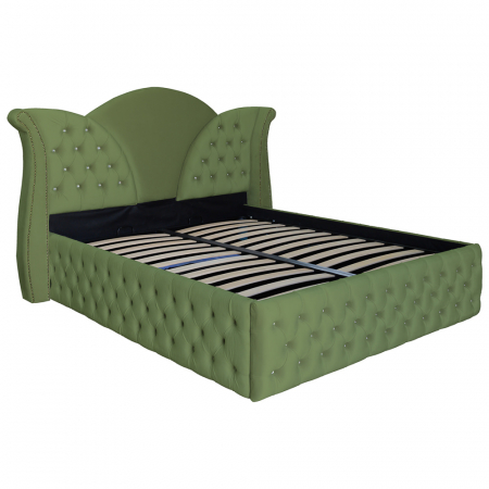 Paturi Chesterfield - Pat dublu tapitat Florida Deluxe cu nasturi sticla 160/200 cm kaki cu somiera metalica rabatabila si spatiu de depozitare
