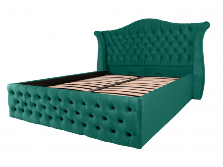 Paturi Chesterfield - Pat dublu tapitat HOUSTON 140/200 cm, verde, cu somiera metalica rabatabila si spatiu de depozitare