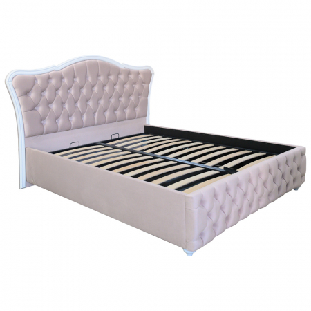 Paturi cu picioare - Pat dublu tapitat Lavis cu picioare, 180/200, crem, cu somiera metalica rabatabila si lada de depozitare