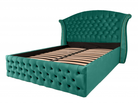 Paturi Chesterfield - Pat dublu tapitat Miami 140/200 cm, verde cu detalii aurii, cu somiera metalica rabatabila si spatiu de depozitare