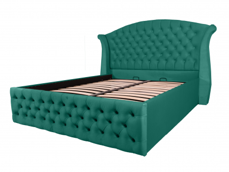 Paturi Chesterfield - Pat dublu tapitat Miami Simple 140/200 cm, verde, cu somiera metalica rabatabila si spatiu de depozitare