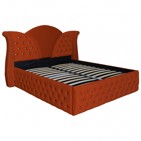 Paturi tapițate - Pat dublu tapitat model Florida Deluxe 140/200 cm culoare caramiziu cu somiera metalica rabatabila si spatiu de depozitare