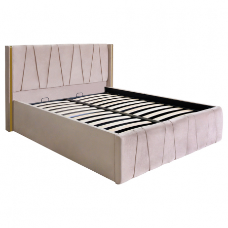 Paturi Moderne - Pat dublu tapitat model Montana 140/200 culoare crem cu somiera metalica rabatabila si spatiu depozitare