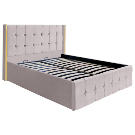 Paturi Moderne - Pat dublu tapitat model Nevada 120/200 cm culoare crem cu somiera metalica rabatabila si spatiu de depozitare