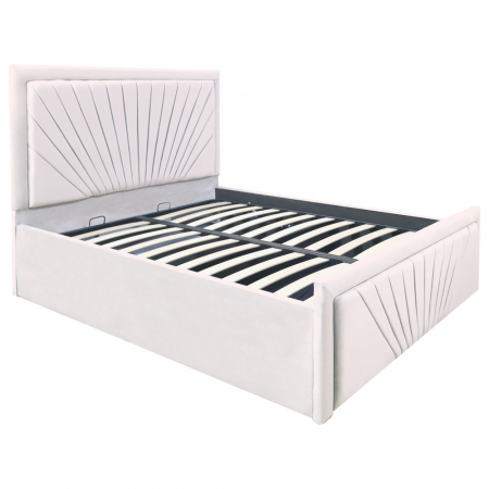 Paturi Moderne - Pat dublu tapitat model Virginia, 140/200 cm, culoare crem, cu somiera metalica rabatabila si spatiu de depozitare