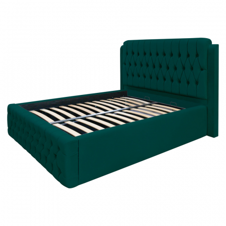 Magazin - Pat dublu tapitat Olympia, 140/200, verde, cu somiera metalica rabatabila si spatiu de depozitare