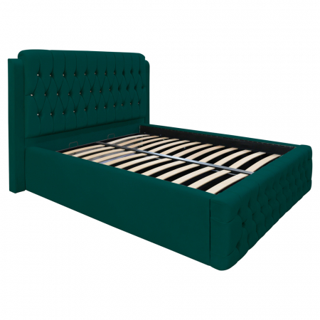 Magazin - Pat dublu tapitat Olympia cu nasturi sticla, 140/200, verde, cu somiera metalica rabatabila si spatiu de depozitare