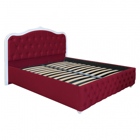 Paturi cu picioare - Pat dublu tapitat Siesta cu picioare, 160/200, visiniu, cu somiera metalica rabatabila si lada de depozitare