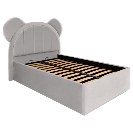 Paturi - Pat pentru copii tapitat Mickey 140/200 cm, gri deschis cu somiera metalica rabatabila si spatiu de depozitare