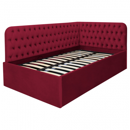 Paturi copiii - Pat tapitat pe colt stanga Disney, 120/200, visiniu, cu somiera metalica rabatabila si spatiu de depozitare