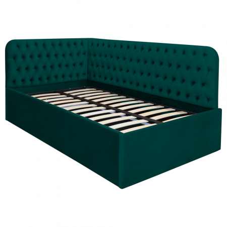 Paturi copiii - Pat tapitat pe colt dreapta DISNEY 140/200, verde, cu somiera metalica rabatabila si spatiu de depozitare