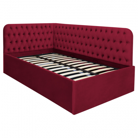 Paturi copiii - Pat tapitat pe colt dreapta Disney, 120/200, visiniu, cu somiera metalica rabatabila si spatiu de depozitare