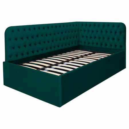 Paturi copiii - Pat tapitat pe colt stanga DISNEY 140/200, verde, cu somiera metalica rabatabila si spatiu de depozitare