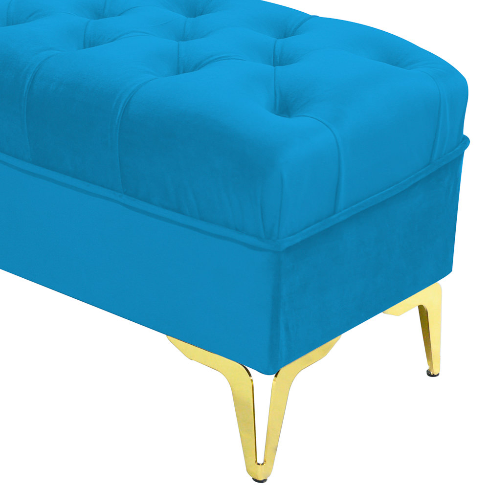 Bancheta tapitata catifea albastru deschis cu picioare aurii, 120*30*55 cm [3]