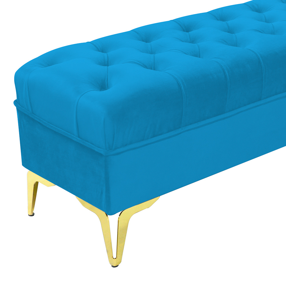 Bancheta tapitata catifea albastru deschis cu picioare aurii, 120*30*55 cm [4]