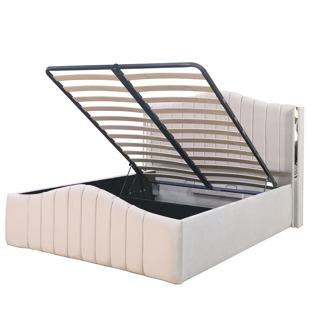 Pat dublu tapitat Alaska, 160/200 cm, crem cu benzi argintii, cu somiera metalica rabatabila si spatiu de depozitare [2]