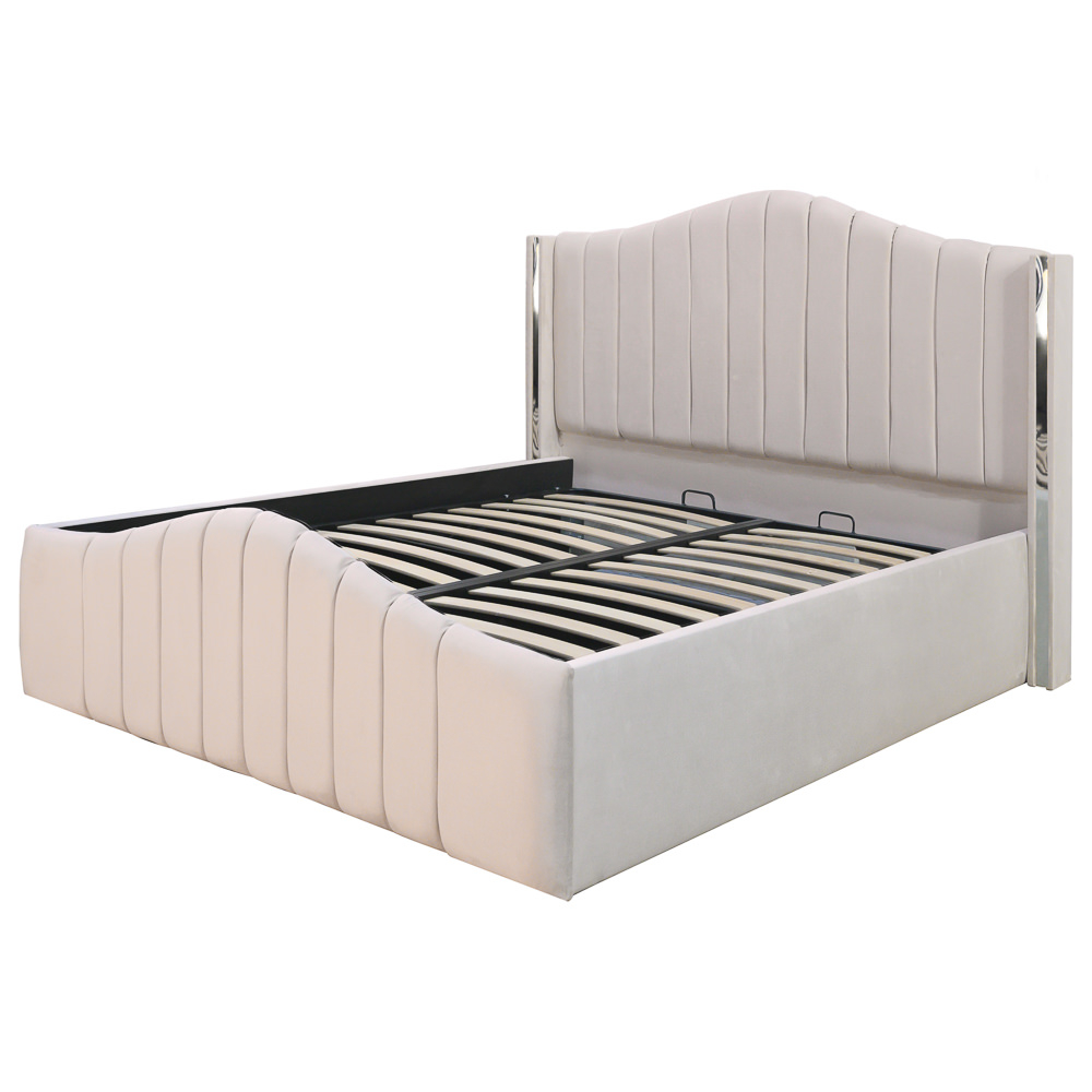 Pat dublu tapitat Alaska, 160/200 cm, crem cu benzi argintii, cu somiera metalica rabatabila si spatiu de depozitare [5]