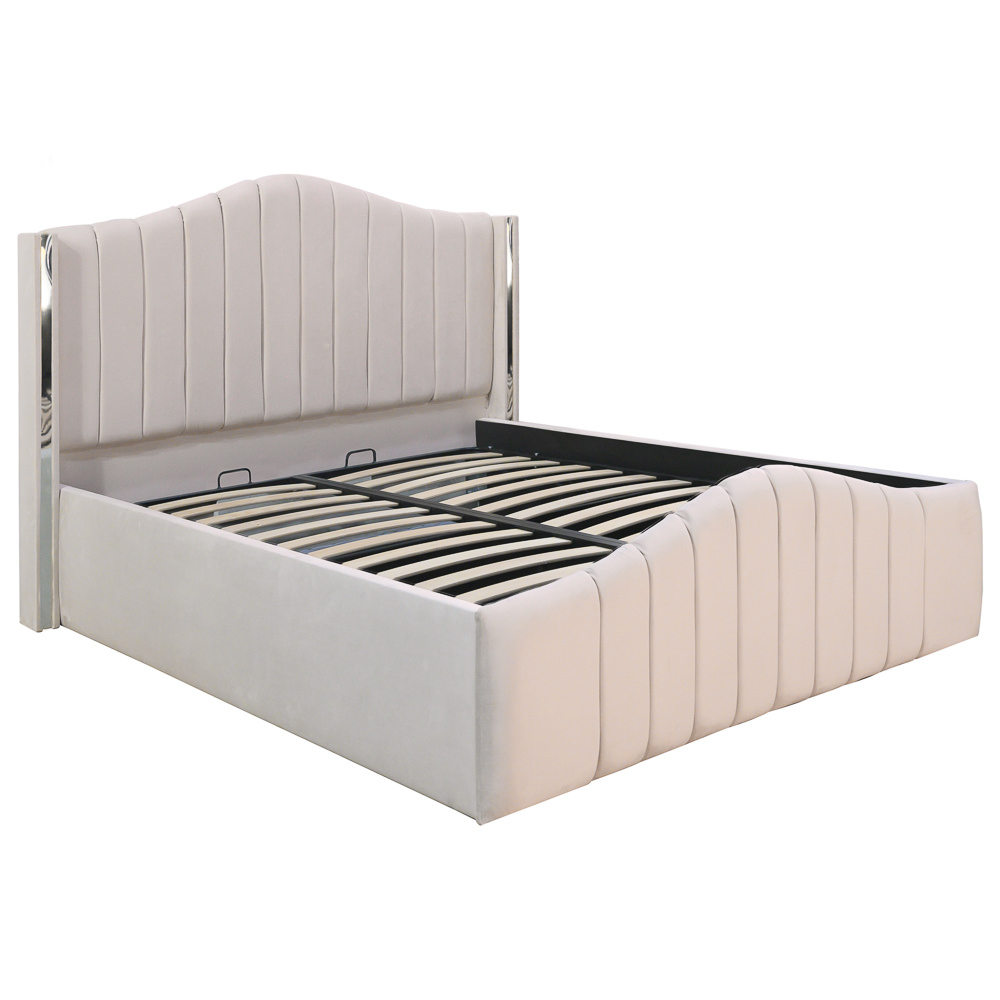 Pat dublu tapitat Alaska, 160/200 cm, crem cu benzi argintii, cu somiera metalica rabatabila si spatiu de depozitare [1]