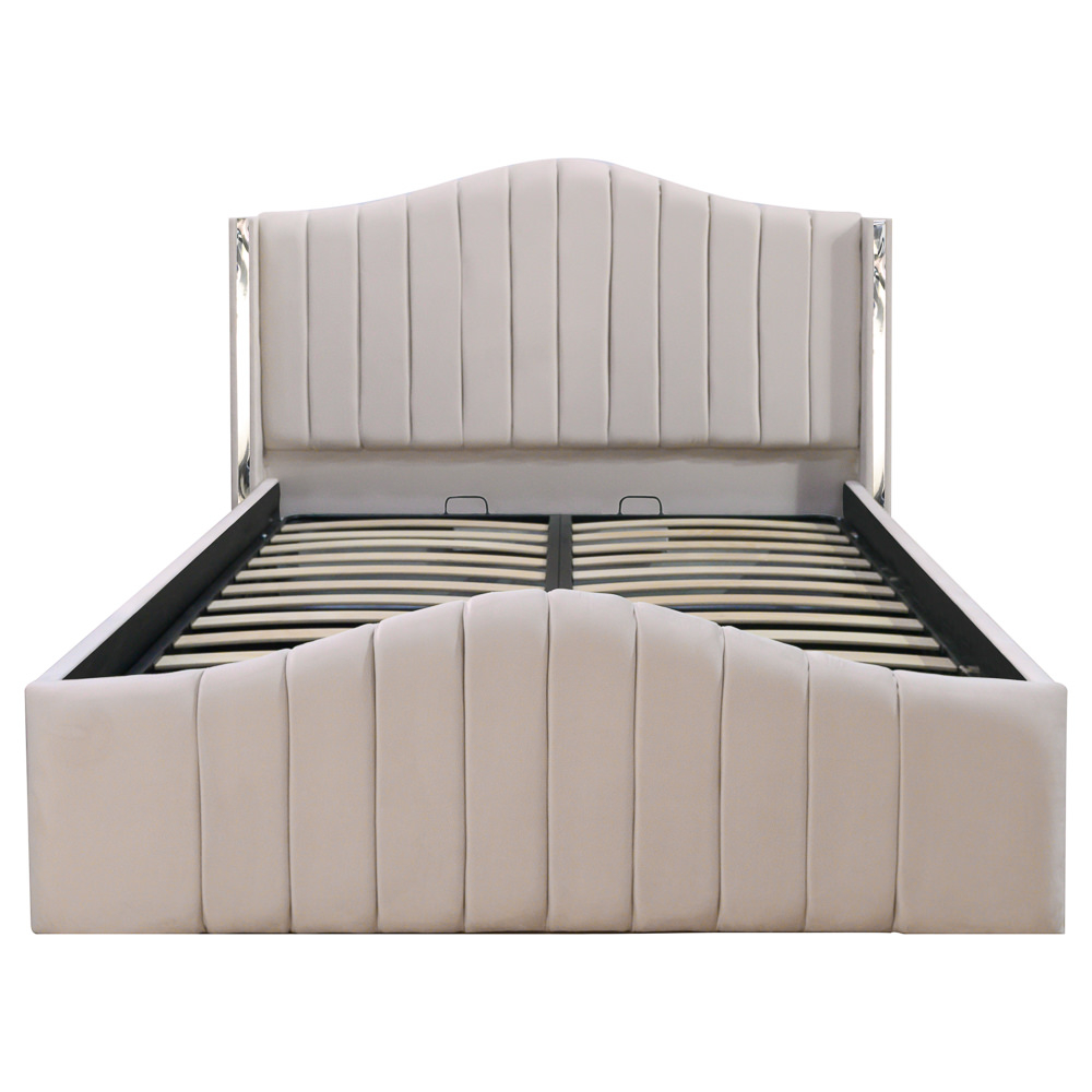 Pat dublu tapitat Alaska, 160/200 cm, crem cu benzi argintii, cu somiera metalica rabatabila si spatiu de depozitare [3]