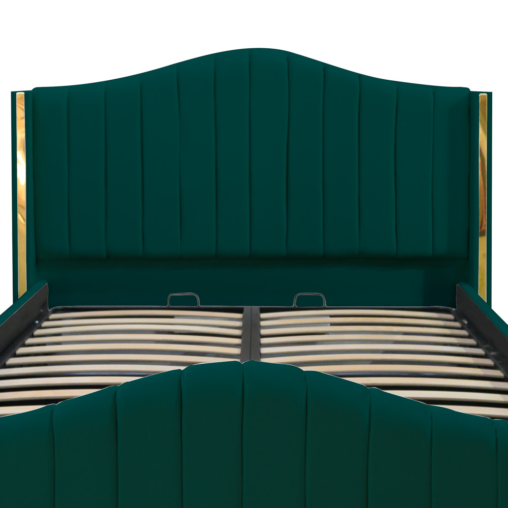Pat dublu tapitat Alaska, 160/200 cm, verde cu benzi aurii, cu somiera metalica rabatabila si spatiu de depozitare [4]