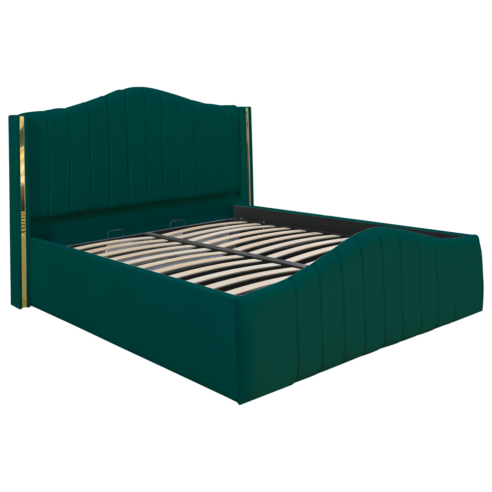 Pat dublu tapitat Alaska, 160/200 cm, verde cu benzi aurii, cu somiera metalica rabatabila si spatiu de depozitare [1]