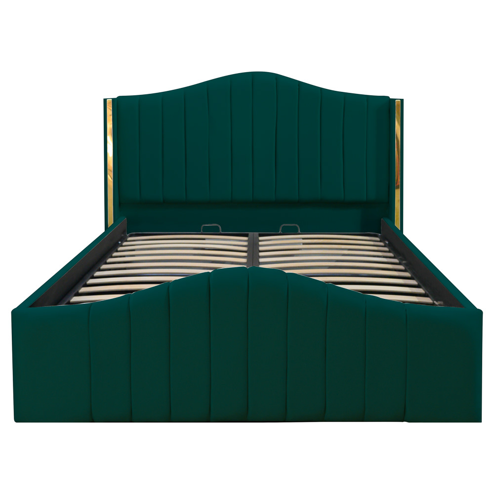 Pat dublu tapitat Alaska, 160/200 cm, verde cu benzi aurii, cu somiera metalica rabatabila si spatiu de depozitare [3]