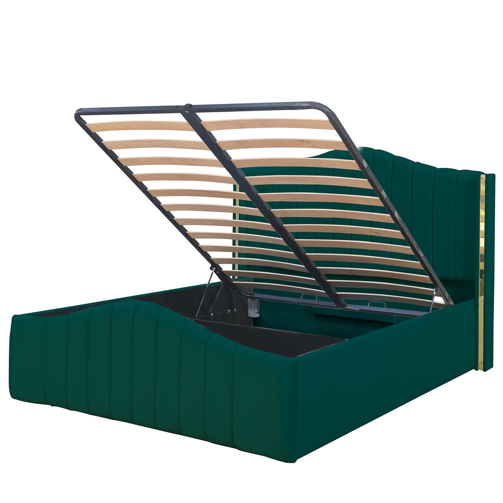 Pat dublu tapitat Alaska, 160/200 cm, verde cu benzi aurii, cu somiera metalica rabatabila si spatiu de depozitare [2]