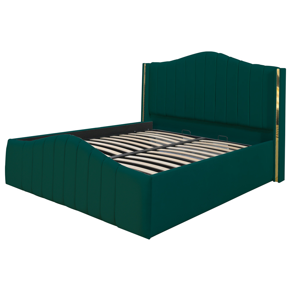 Pat dublu tapitat Alaska, 160/200 cm, verde cu benzi aurii, cu somiera metalica rabatabila si spatiu de depozitare [5]