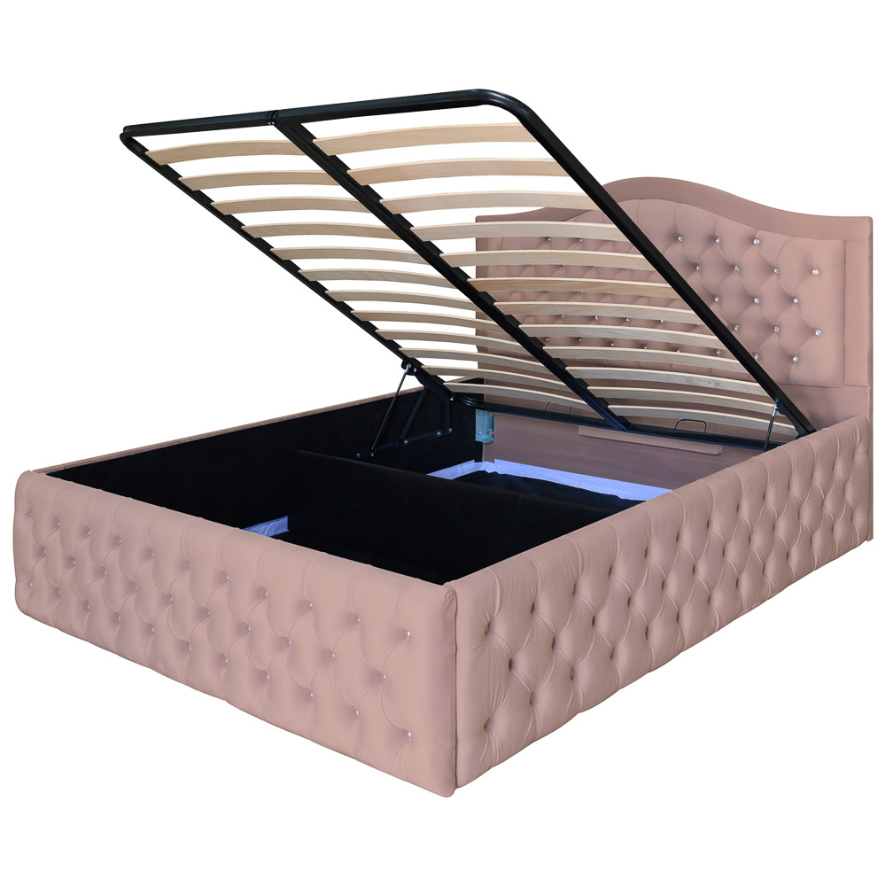 Pat dublu tapitat Arizona Deluxe cu nasturi sticla 160/200 cm cappuccino cu somiera metalica rabatabila si spatiu de depozitare [4]