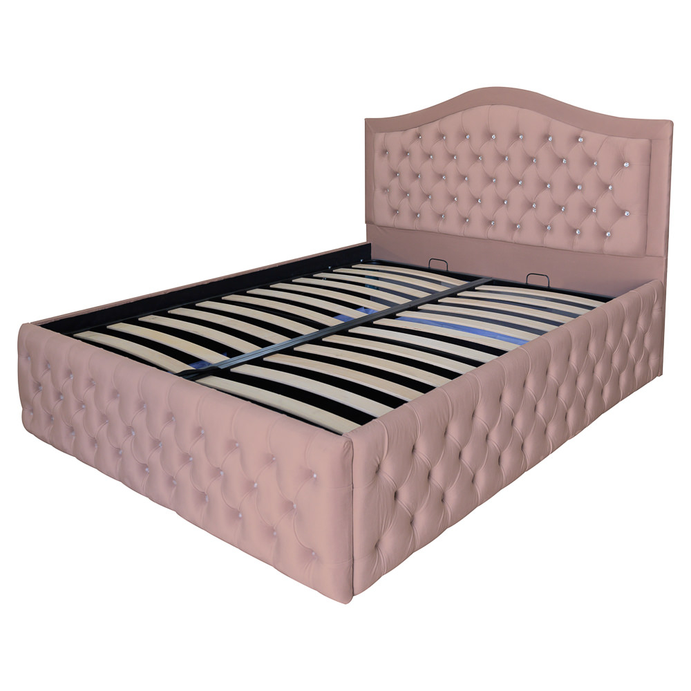 Pat dublu tapitat Arizona Deluxe cu nasturi sticla 160/200 cm cappuccino cu somiera metalica rabatabila si spatiu de depozitare [5]