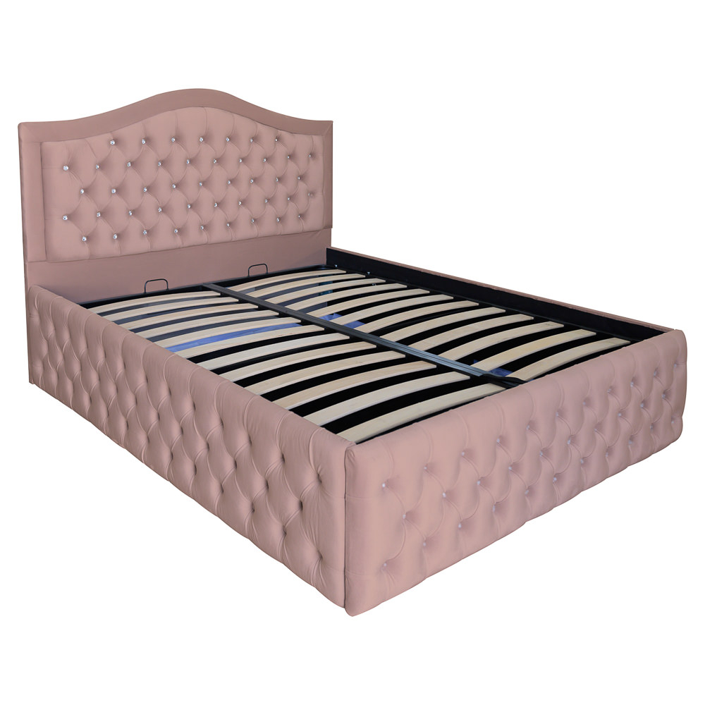 Pat dublu tapitat Arizona Deluxe cu nasturi sticla 160/200 cm cappuccino cu somiera metalica rabatabila si spatiu de depozitare [1]