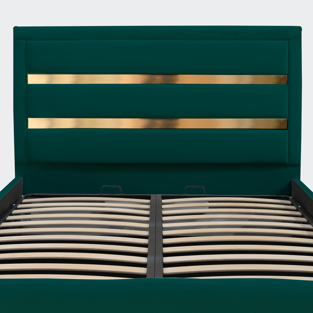 Pat dublu tapitat Bergamo, 140/200 cm, verde cu benzi aurii, cu somiera metalica rabatabila si spatiu de depozitare [3]