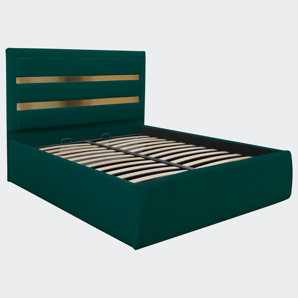 Pat dublu tapitat Bergamo, 140/200 cm, verde cu benzi aurii, cu somiera metalica rabatabila si spatiu de depozitare [1]