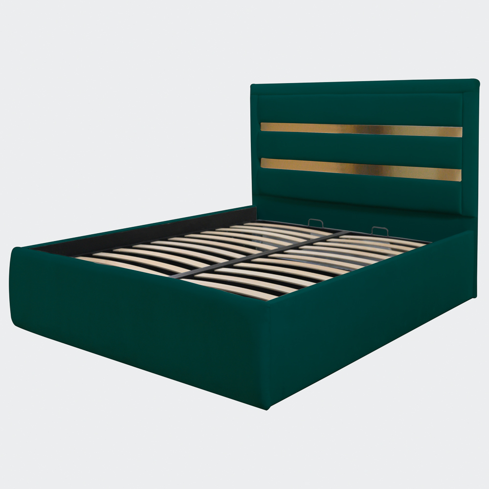 Pat dublu tapitat Bergamo, 140/200 cm, verde cu benzi aurii, cu somiera metalica rabatabila si spatiu de depozitare [5]