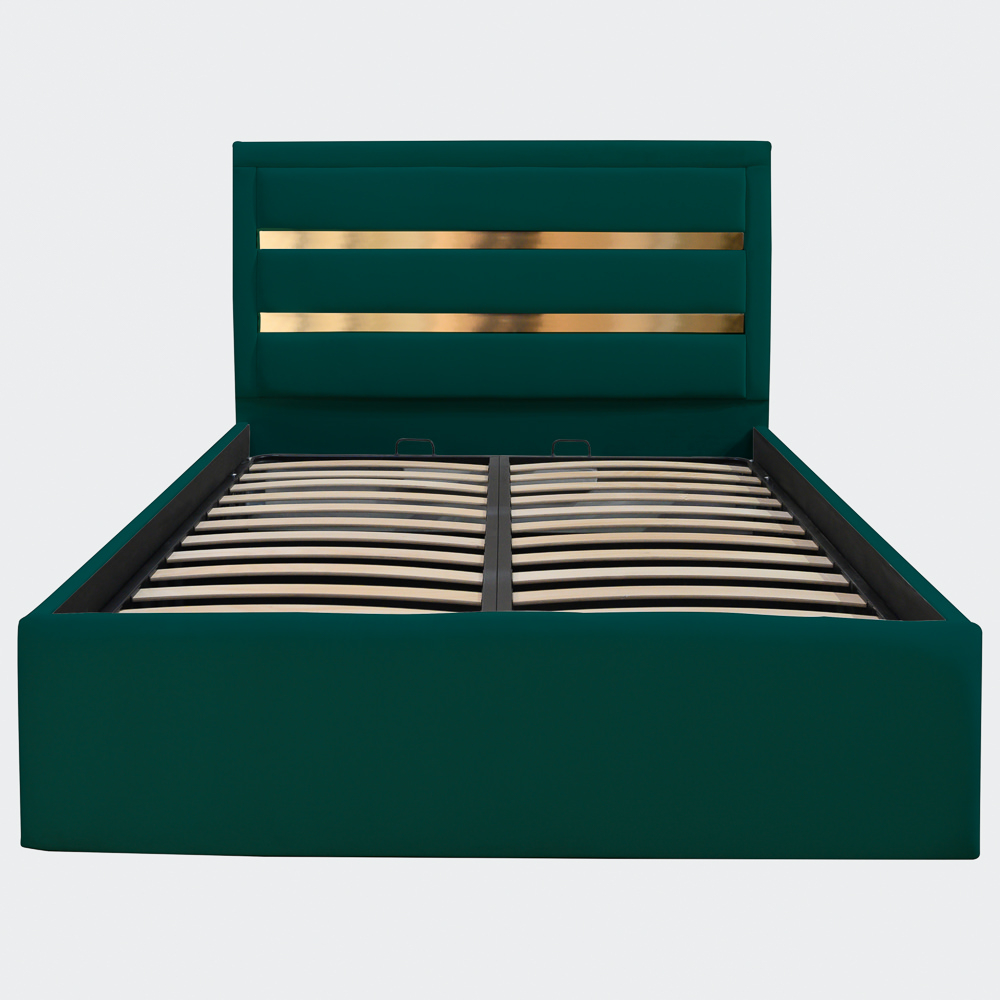 Pat dublu tapitat Bergamo, 140/200 cm, verde cu benzi aurii, cu somiera metalica rabatabila si spatiu de depozitare [4]