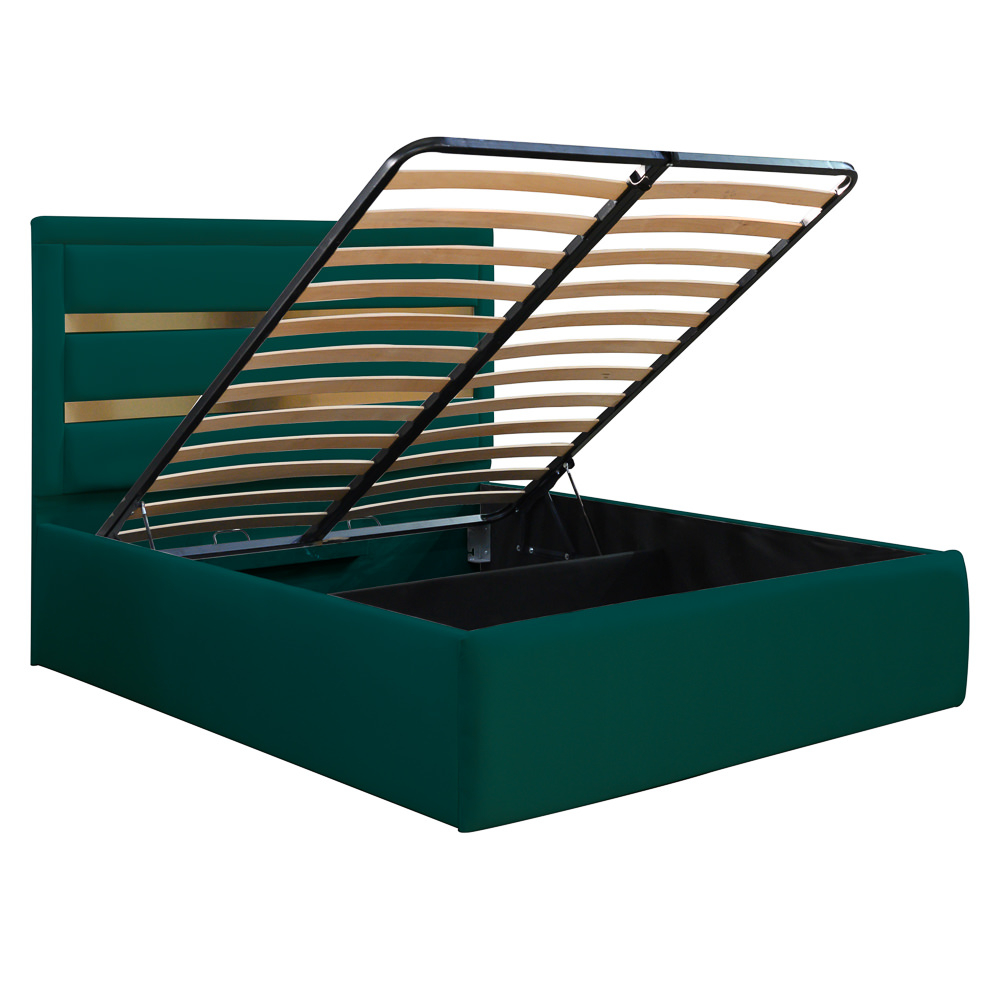 Pat dublu tapitat Bergamo, 140/200 cm, verde cu benzi aurii, cu somiera metalica rabatabila si spatiu de depozitare [2]