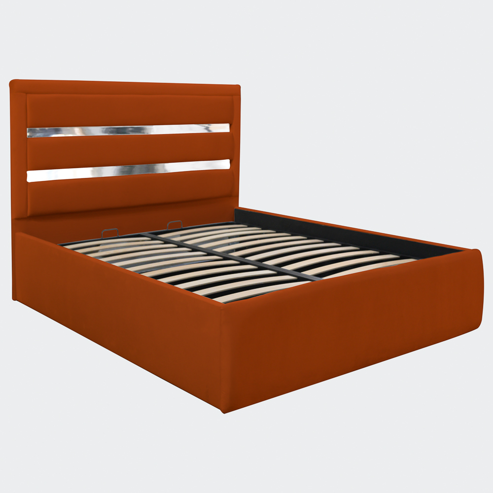 Pat dublu tapitat Bergamo, 160/200 cm, caramiziu cu benzi argintii, cu somiera metalica rabatabila si spatiu de depozitare [1]