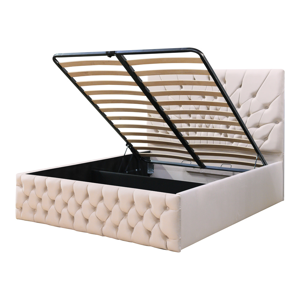 Pat dublu tapitat Carolina, 160/200 cm, crem cu nasturi tapitati, cu somiera metalica rabatabila si spatiu de depozitare [4]