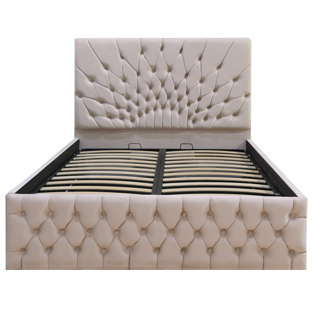 Pat dublu tapitat Carolina, 160/200 cm, crem cu nasturi tapitati, cu somiera metalica rabatabila si spatiu de depozitare [1]