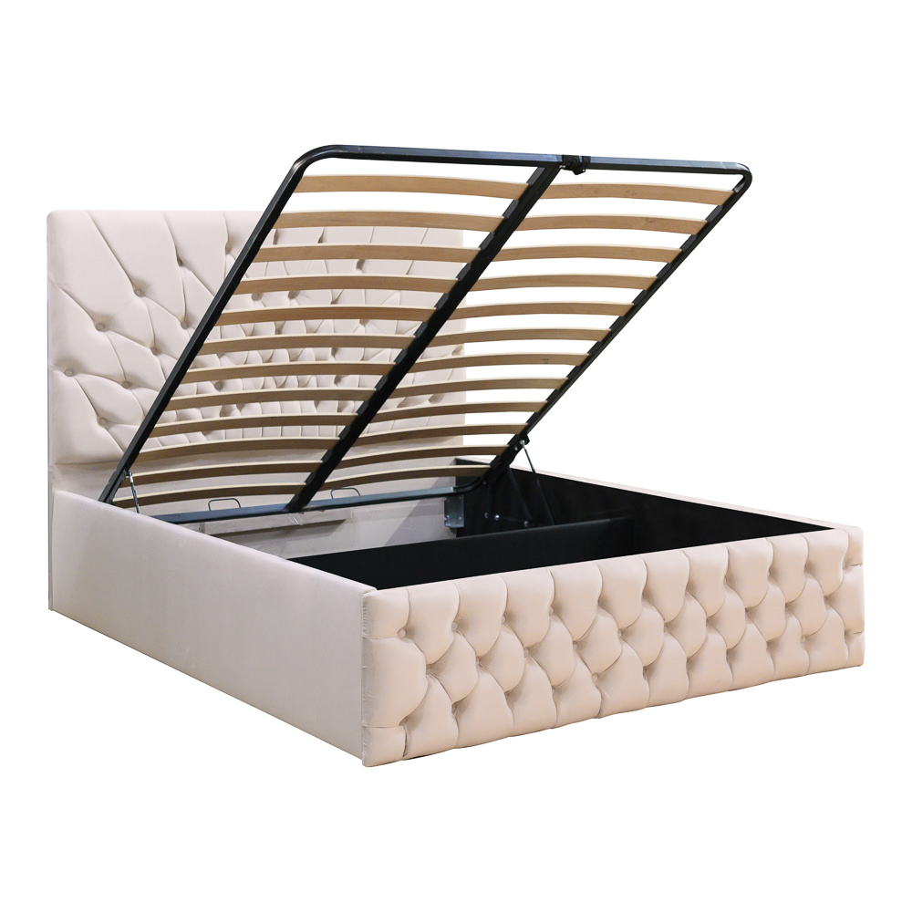 Pat dublu tapitat Carolina, 160/200 cm, crem cu nasturi tapitati, cu somiera metalica rabatabila si spatiu de depozitare [3]