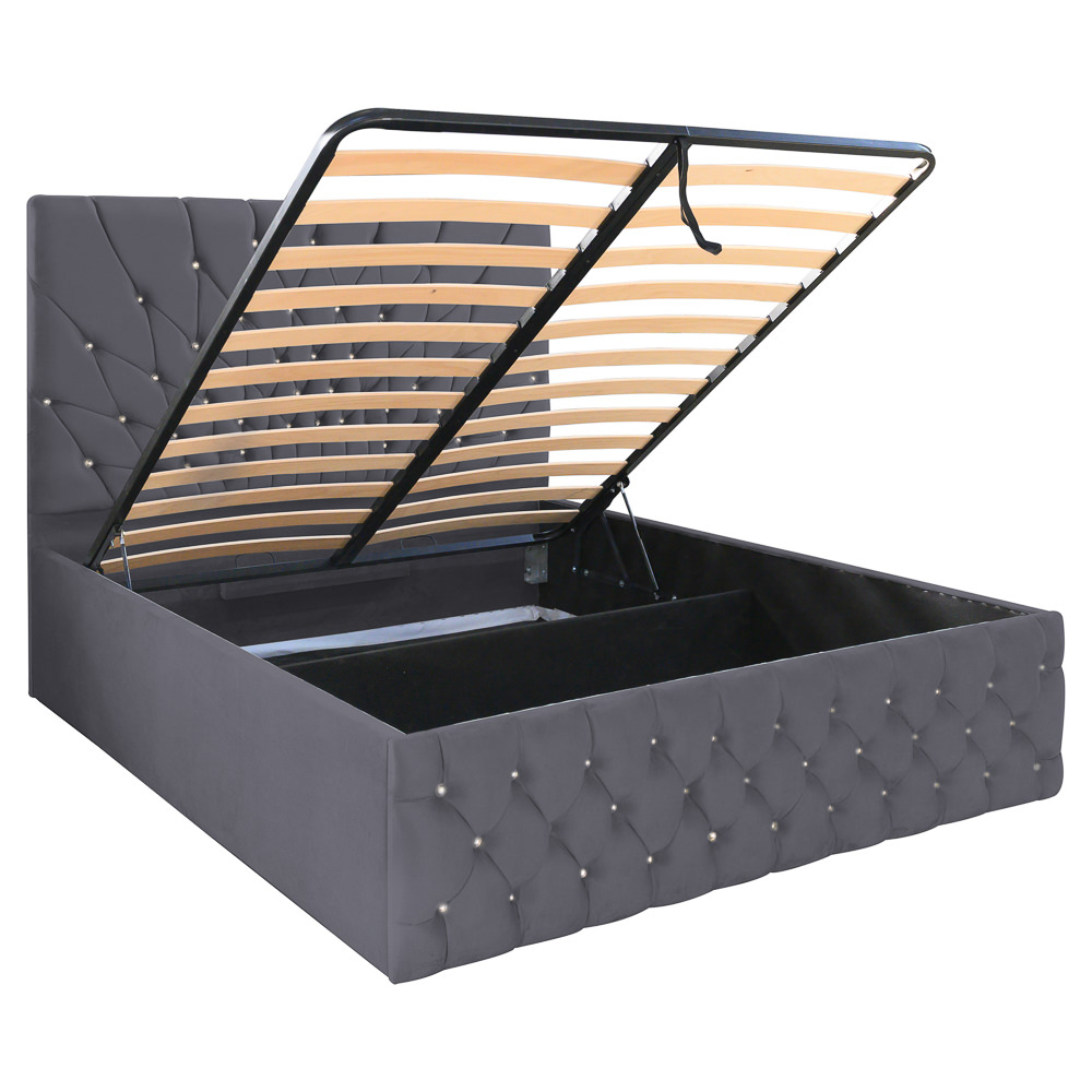 Pat dublu tapitat Carolina, 160/200 cm, gri inchis cu nasturi sticla, cu somiera metalica rabatabila si spatiu de depozitare [4]