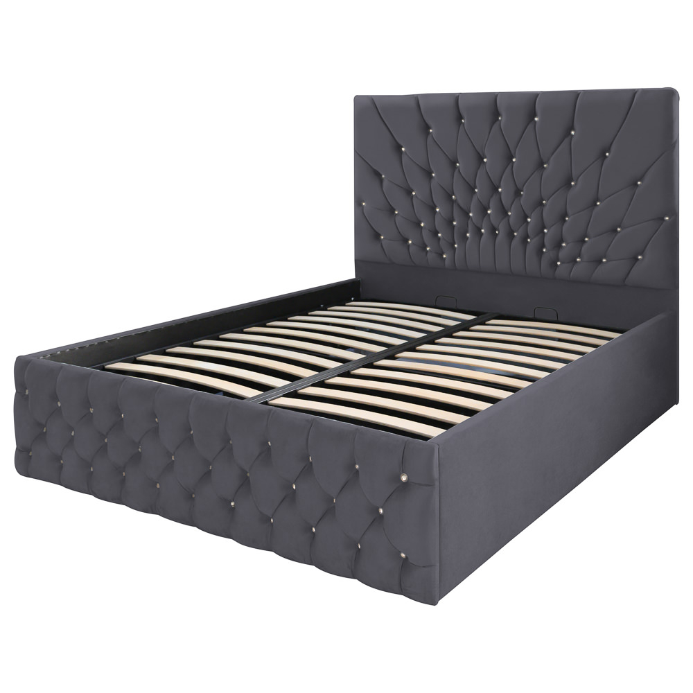 Pat dublu tapitat Carolina, 160/200 cm, gri inchis cu nasturi sticla, cu somiera metalica rabatabila si spatiu de depozitare [5]